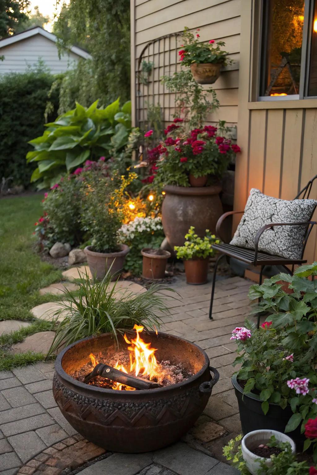 A vibrant fire pit area adorned with colorful potted plants.