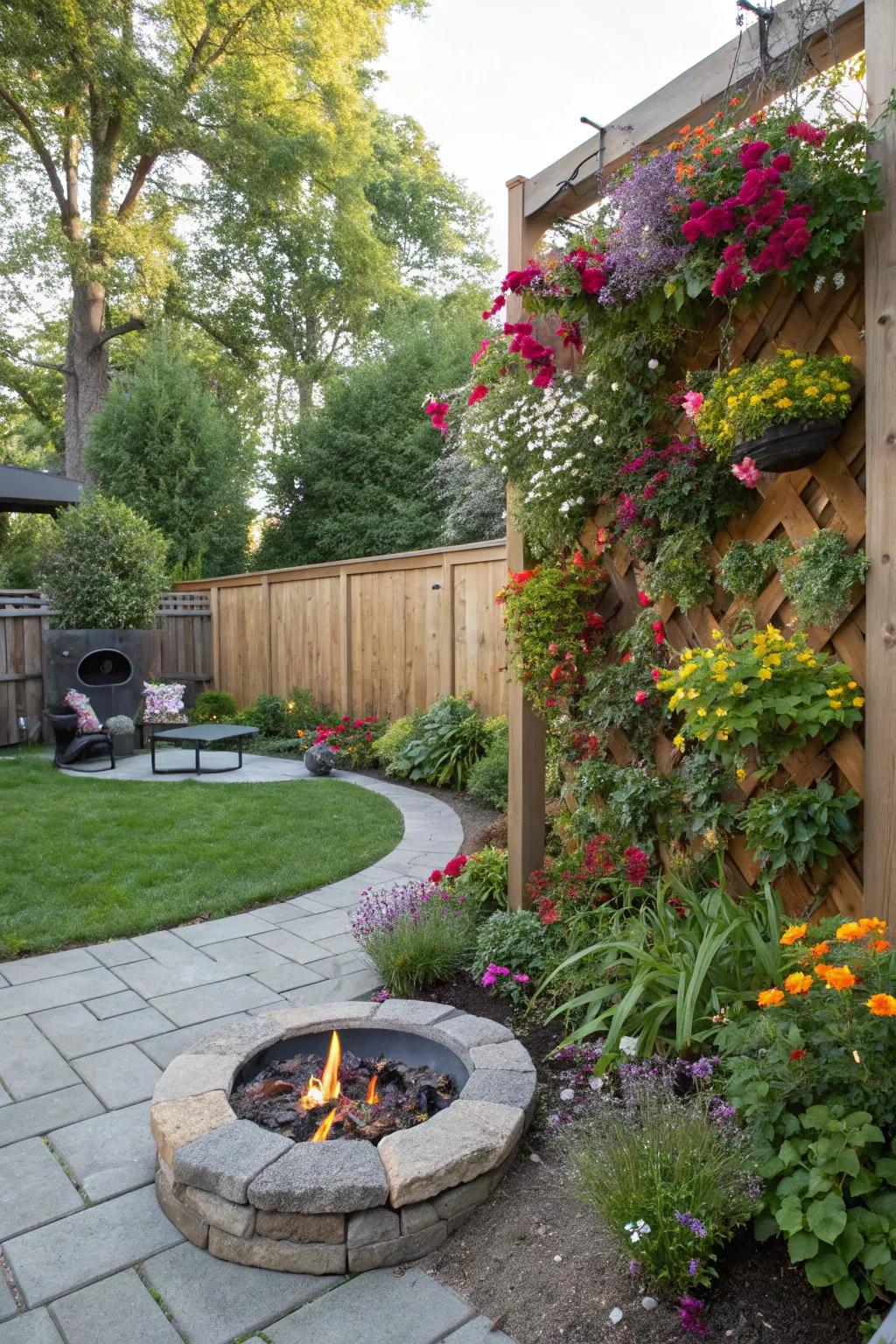 A vibrant fire pit area with a lush vertical garden.