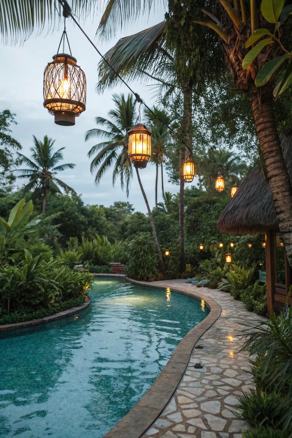 A tropical pool lit by hanging lanterns.