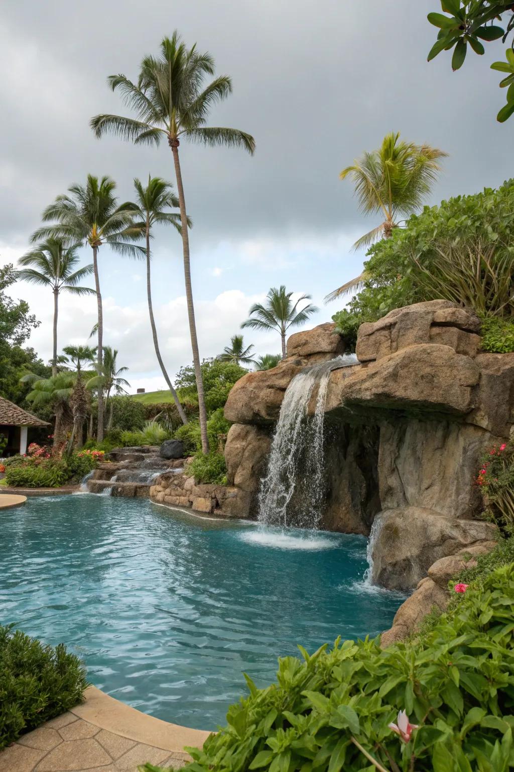A tropical pool with a natural rock waterfall.