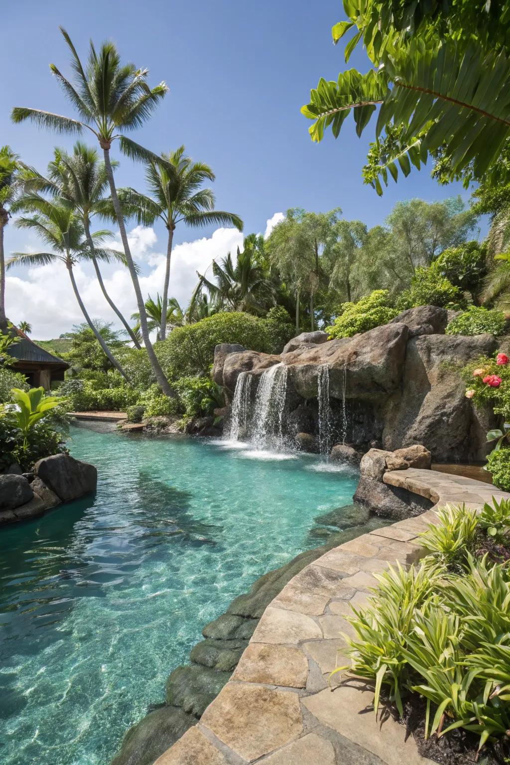 A tropical pool with a spa and cascading waterfall.
