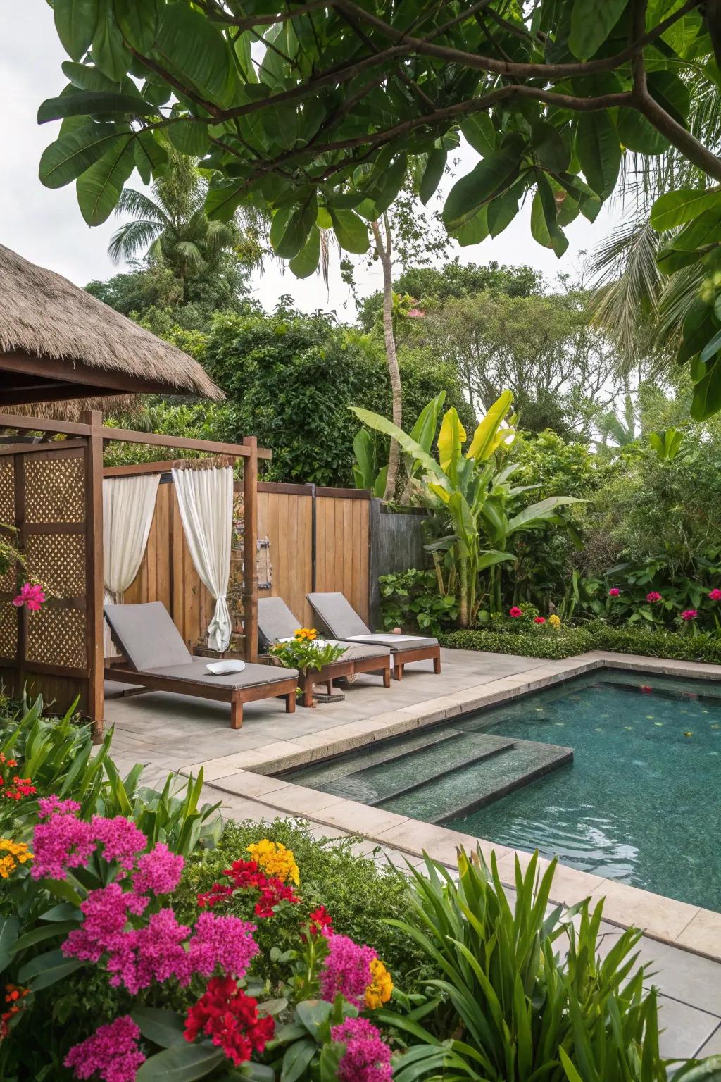 A tropical pool area with privacy screens.