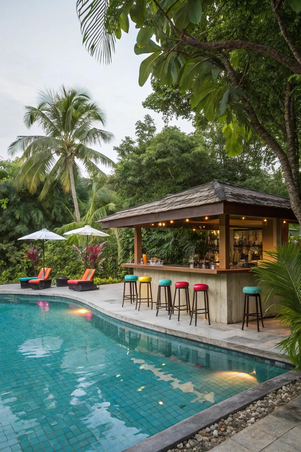 A tropical pool with a swim-up bar and in-water stools.