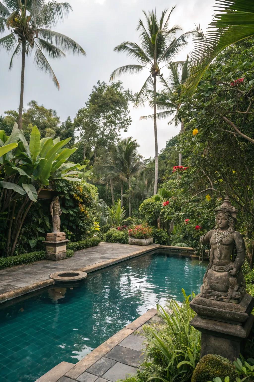 A tropical pool accented with exotic statues.