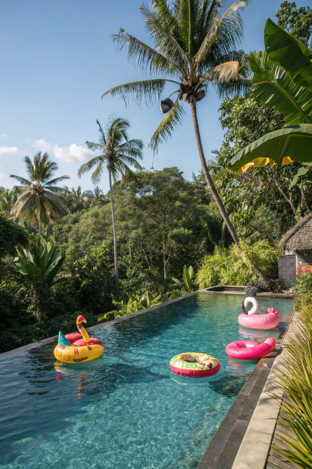A tropical pool with colorful pool floats.
