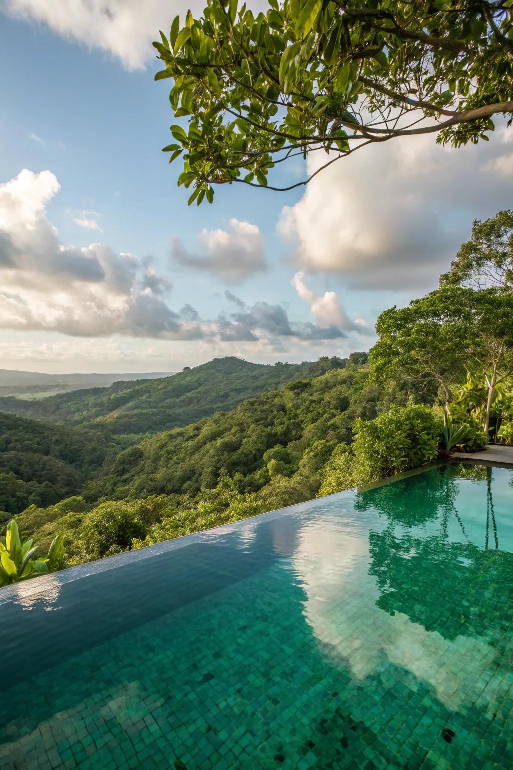 A tropical infinity pool overlooking lush landscapes.