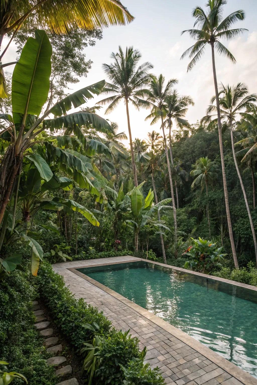 A tropical pool enveloped by lush banana and palm trees.