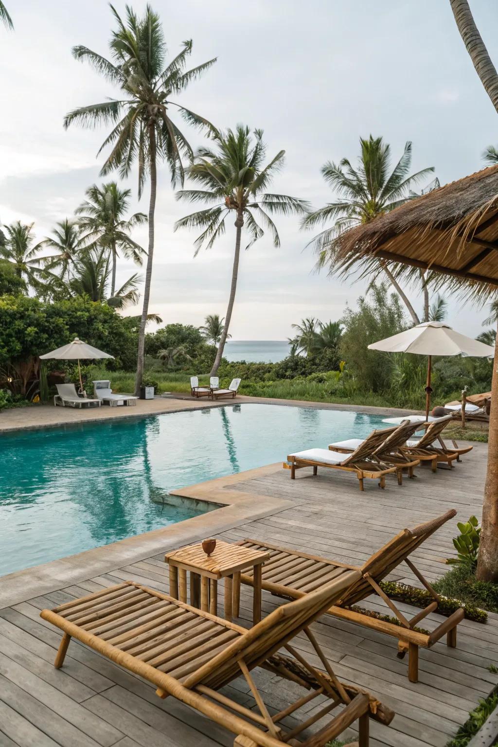 A tropical pool with bamboo lounge chairs and table.