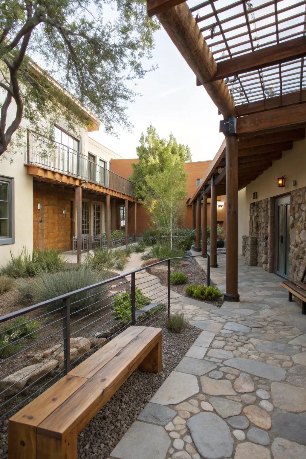 Mixed materials create a visually dynamic courtyard.