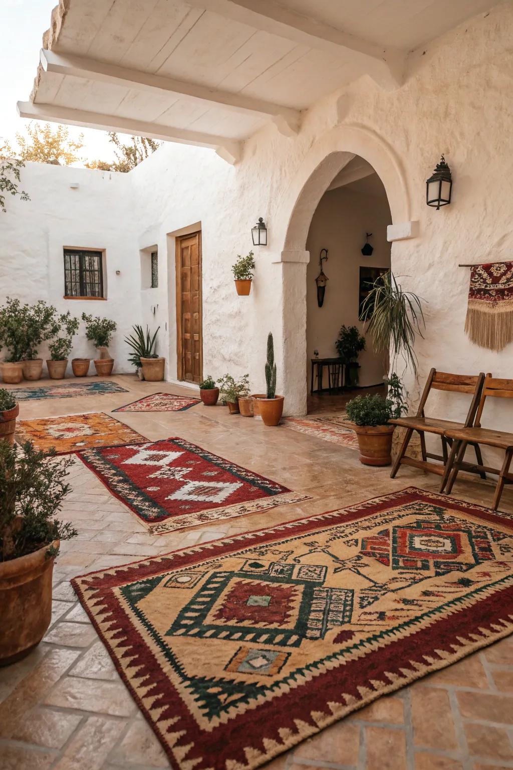 Patterned rugs add style and comfort to the courtyard.