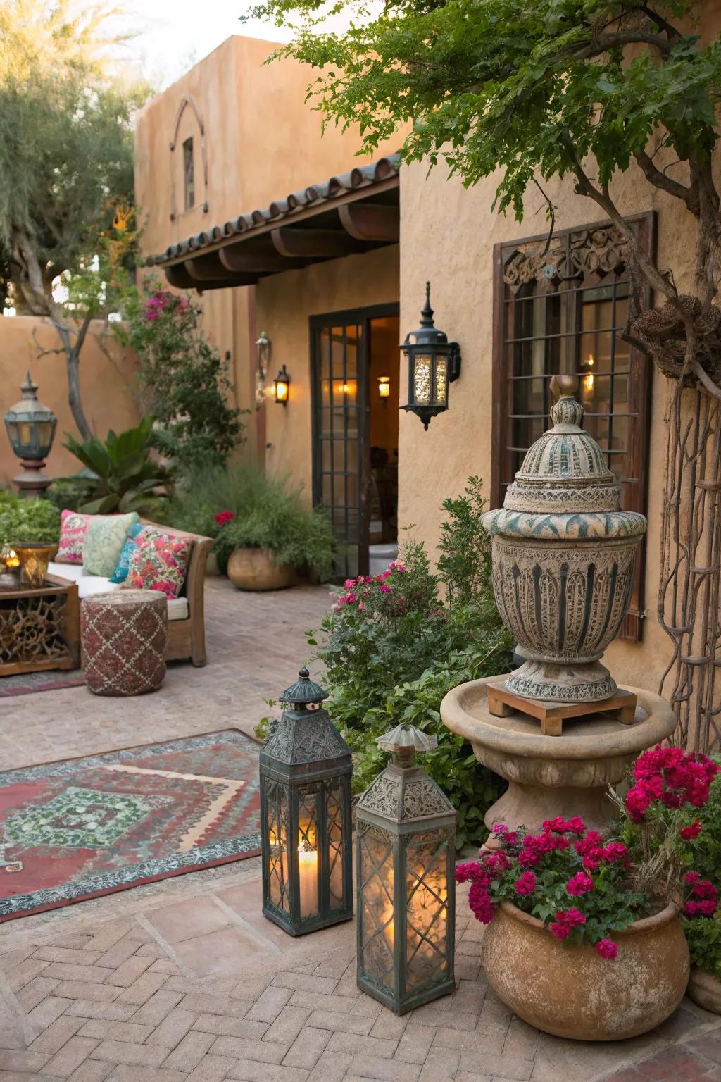 Eclectic accessories bring unique charm to the courtyard.