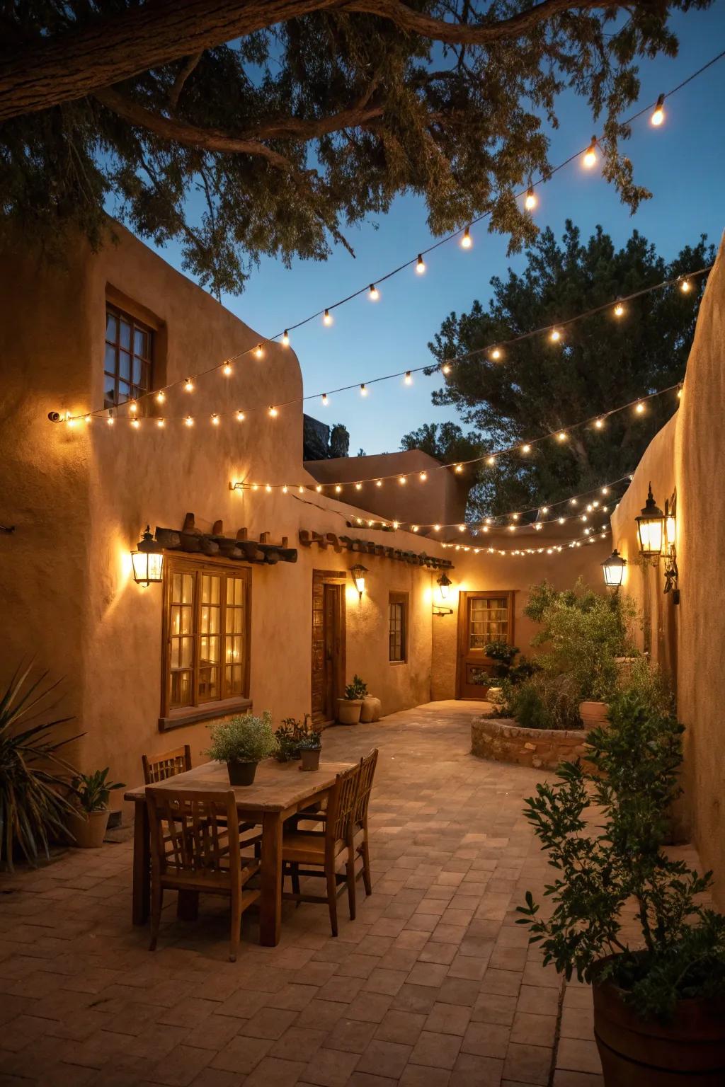 Warm lighting transforms the courtyard into a nighttime retreat.