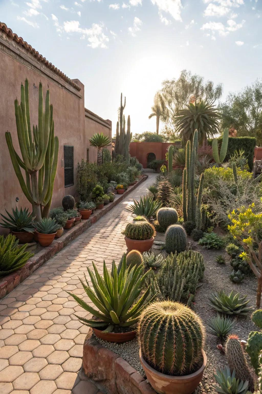 A vibrant display of native plants, including cacti and succulents.