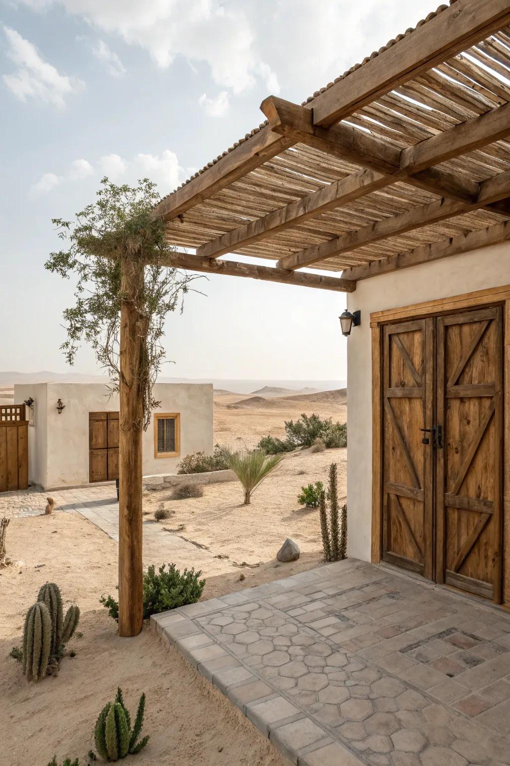 Wooden accents enhance the rustic charm of the courtyard.