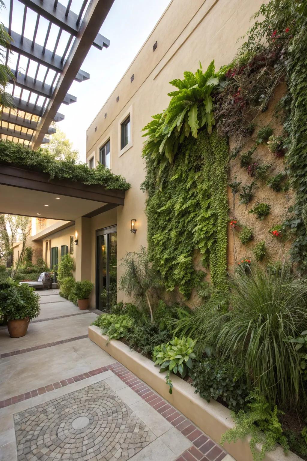 A vertical garden creates a living tapestry in the courtyard.