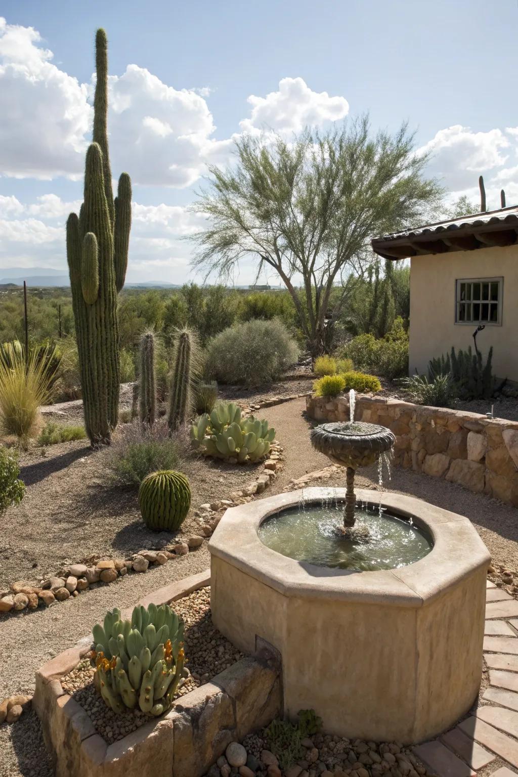 A tranquil water feature that enhances the serene courtyard atmosphere.