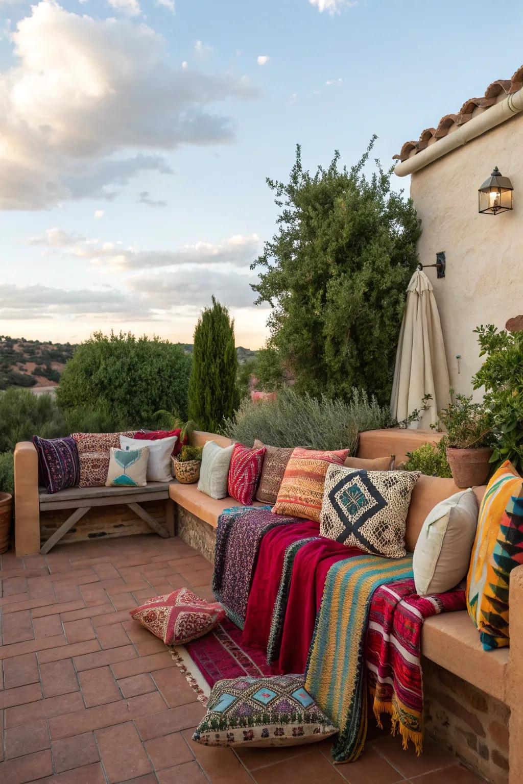 Colorful fabrics add warmth and comfort to seating areas.