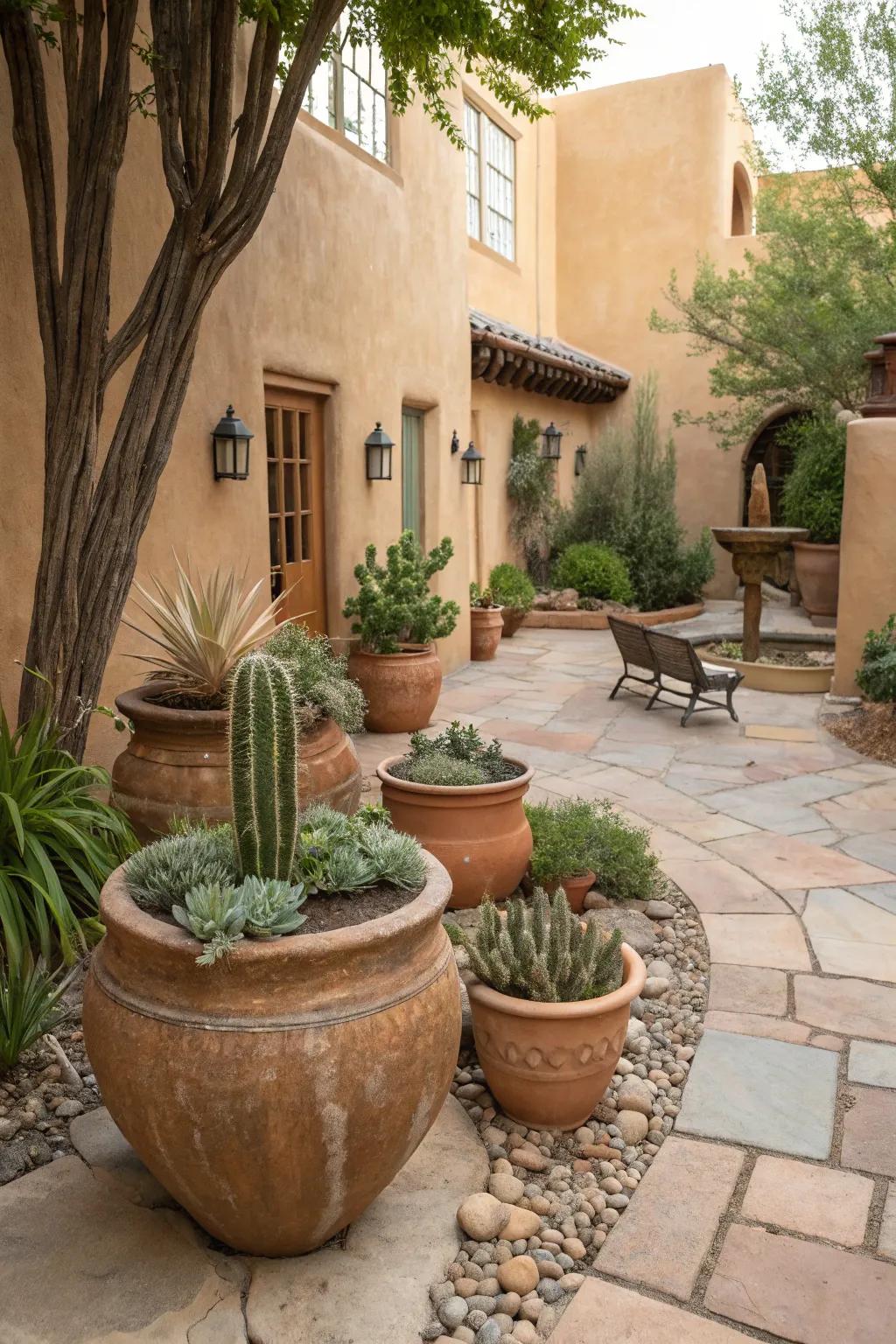 Clay pots serve as both plant holders and decorative pieces.