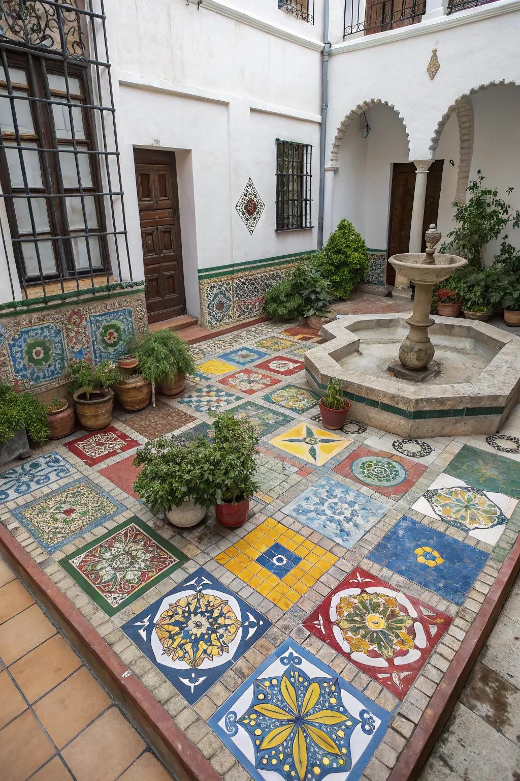 Bright tiles add color and energy to the courtyard.