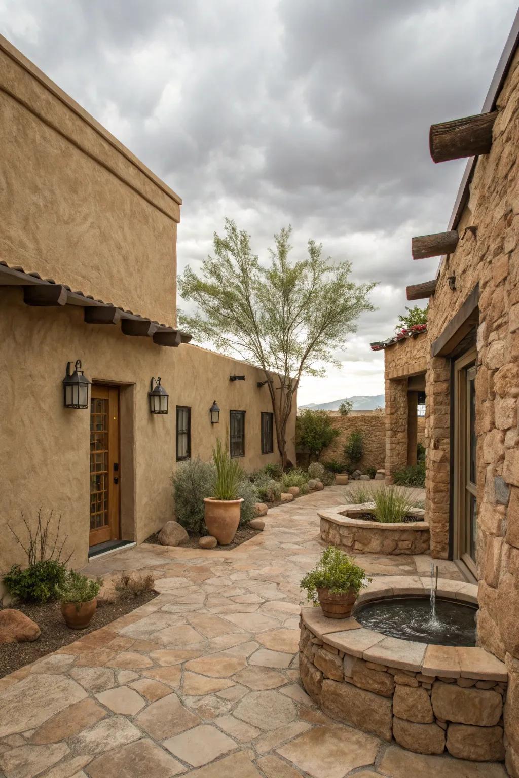 Textured walls add depth and interest to the courtyard.