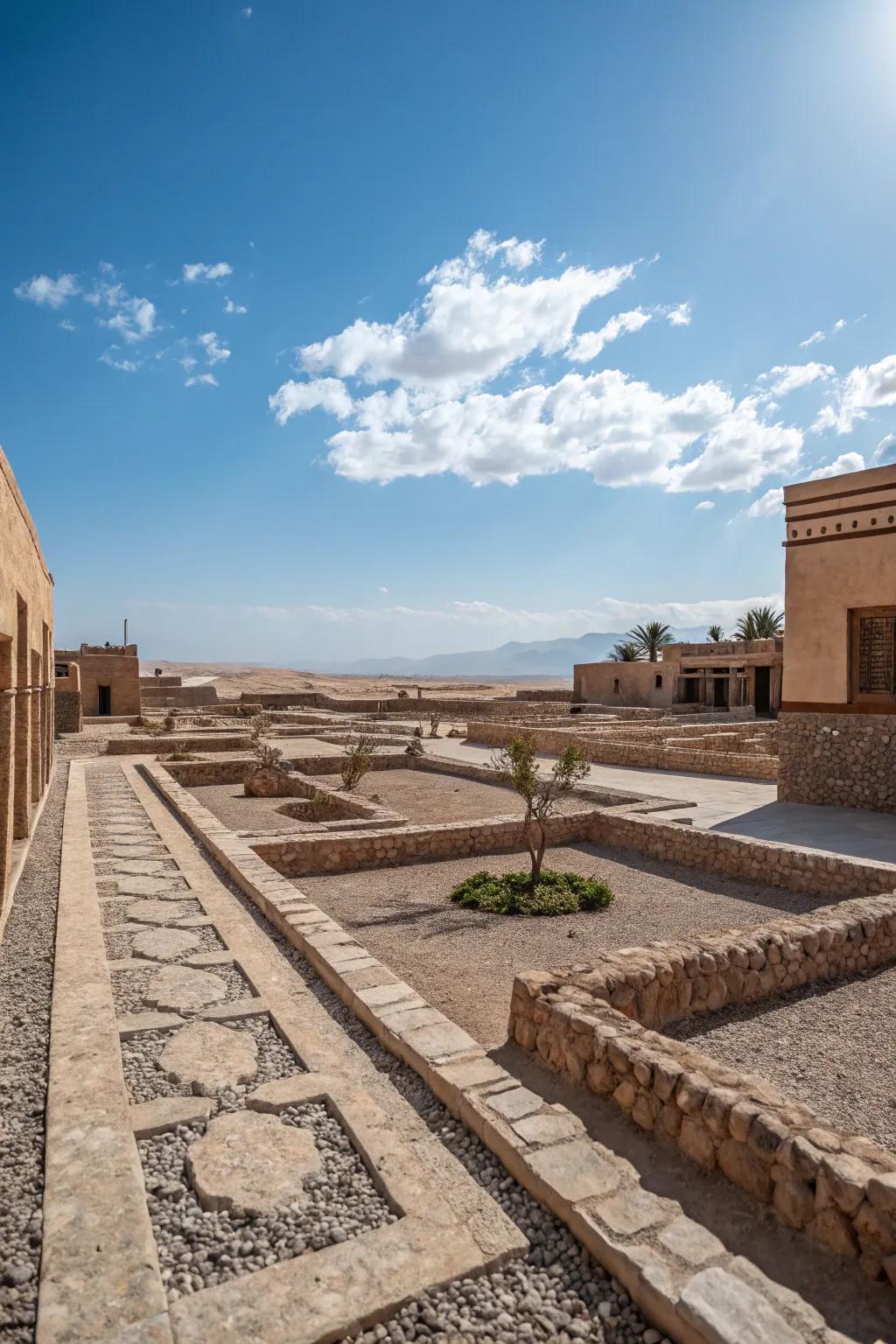 A serene desert landscape with gravel and stone pathways.