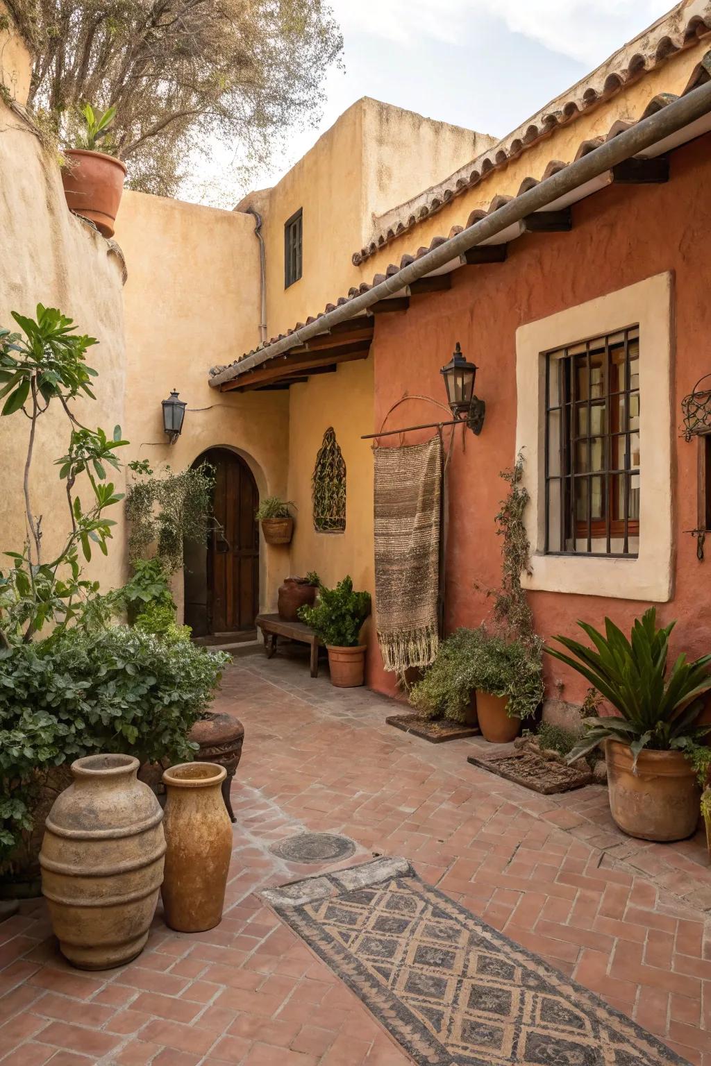Earthy adobe and stucco walls create a warm, inviting courtyard.