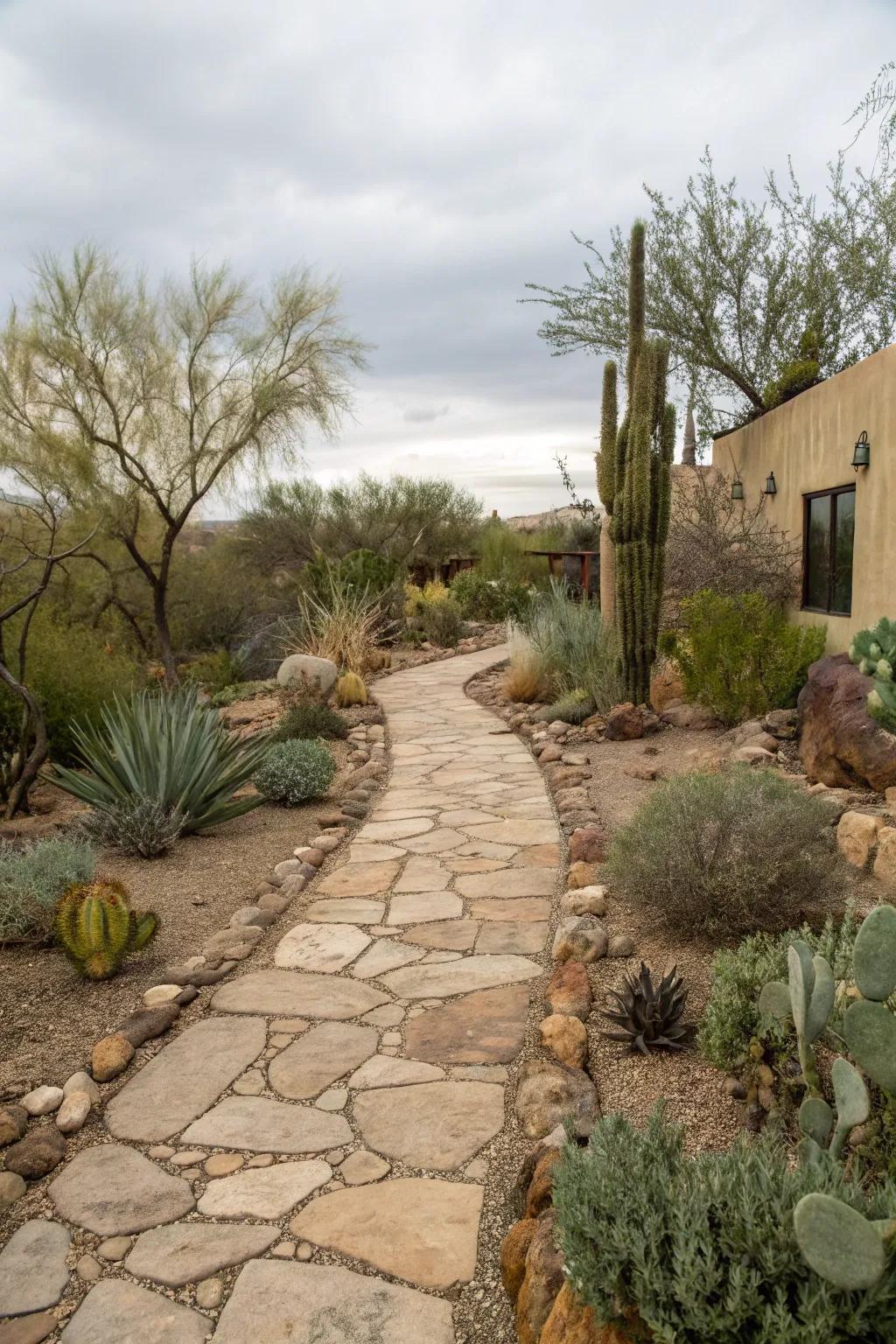 A charming stone pathway winding through a lush courtyard.