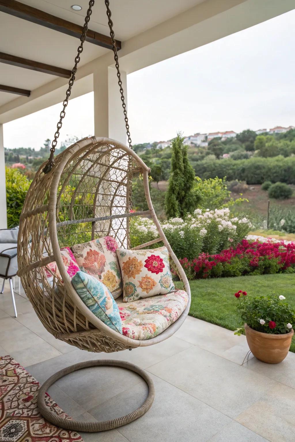 A hanging chair adds a whimsical touch to your patio.