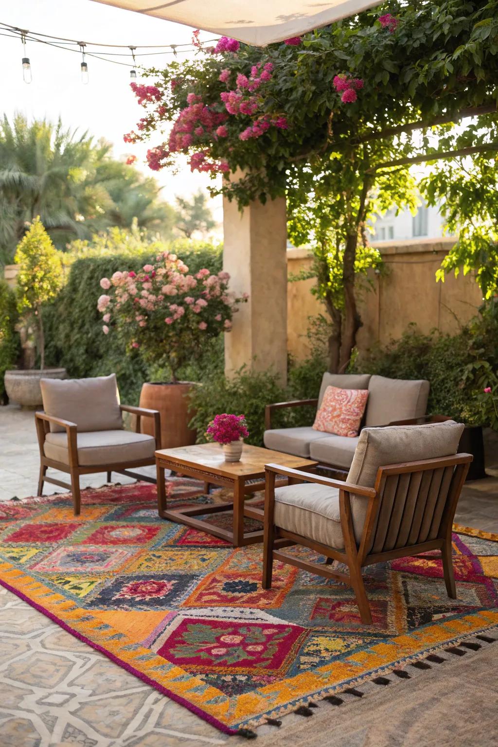 An outdoor rug adds warmth and style to your patio.