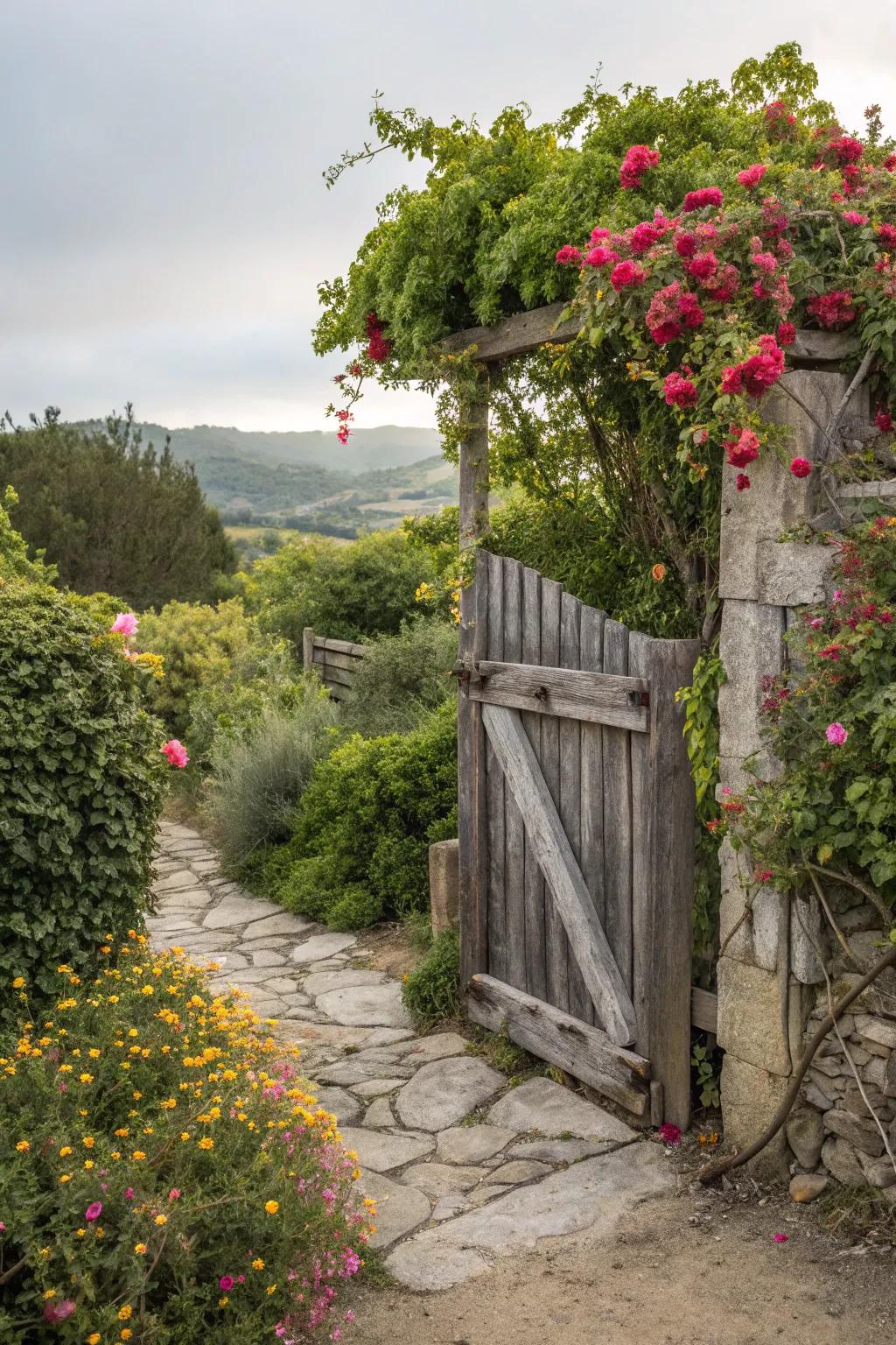 Bring warmth to your entryway with a charming rustic wooden gate.