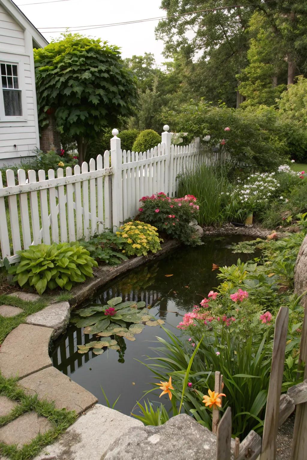 Classic wooden picket fence enhancing a serene pond setting.