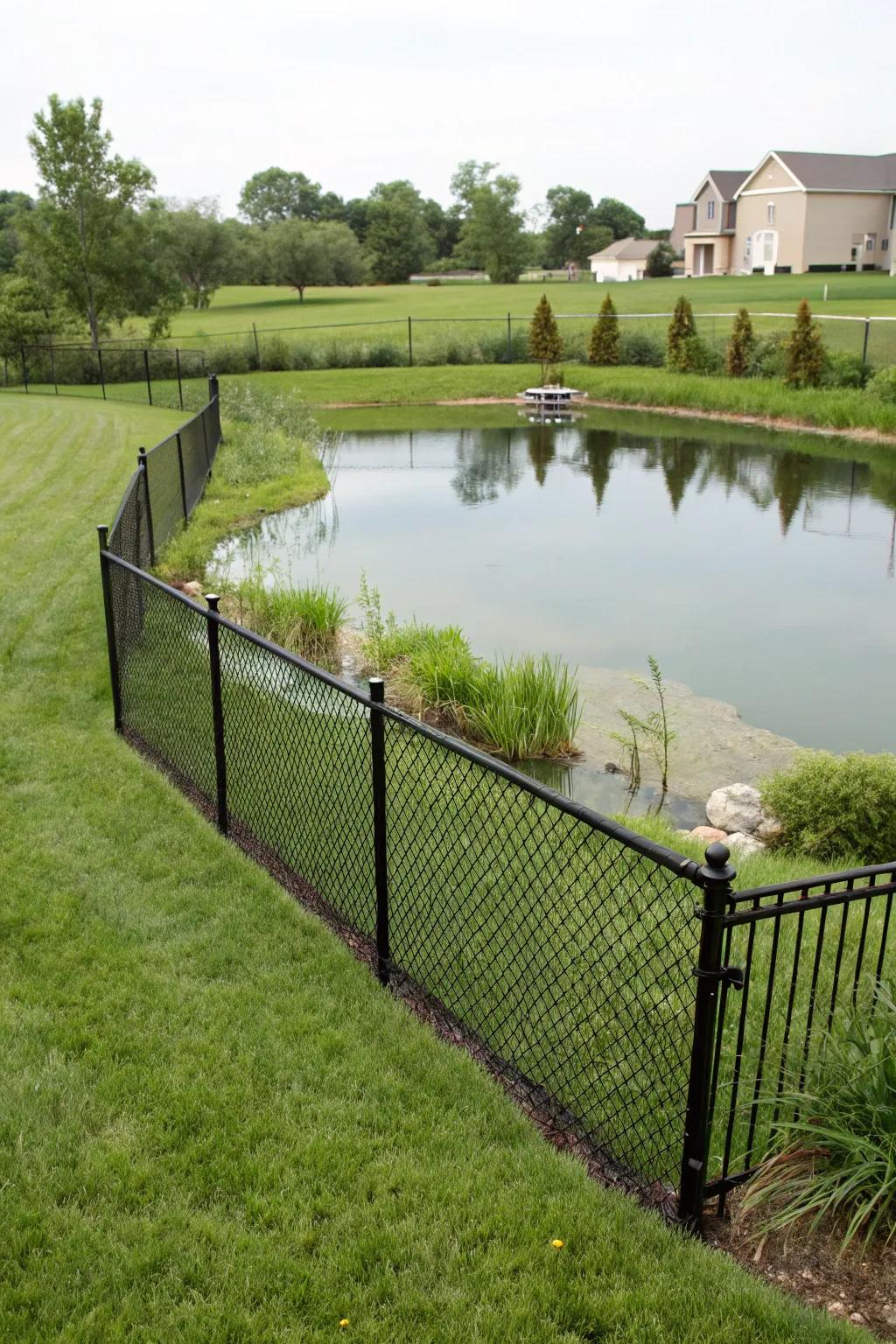 Chain link fences provide a simple and effective pond barrier.