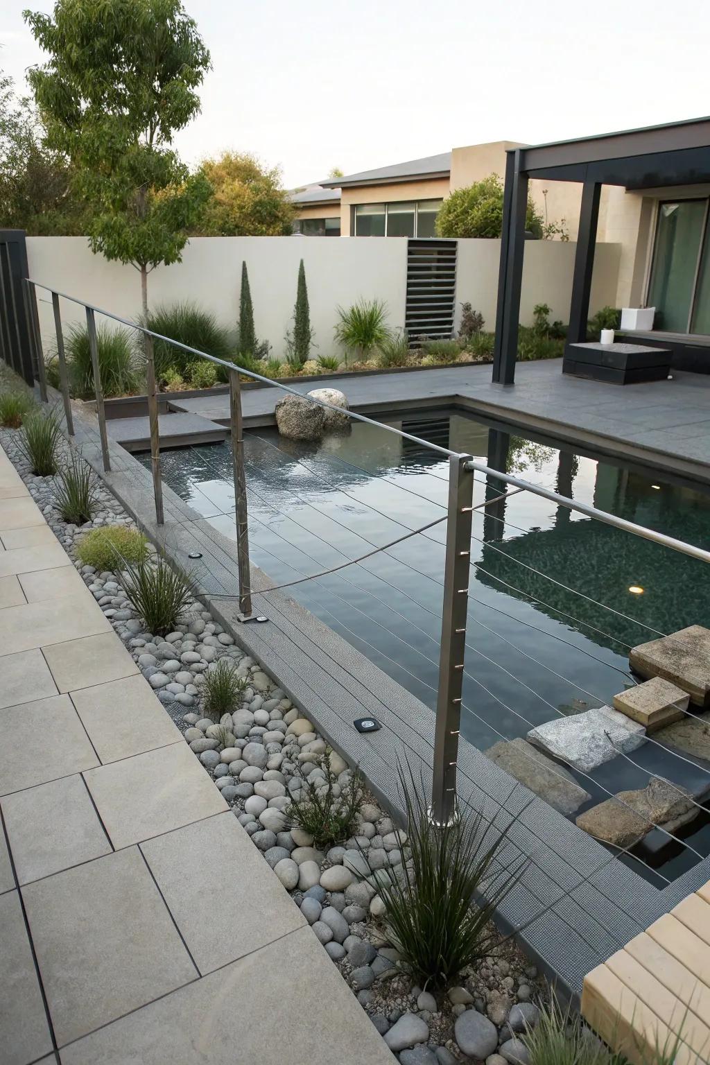 Steel cable fences offer sleek, unobtrusive pond safety.