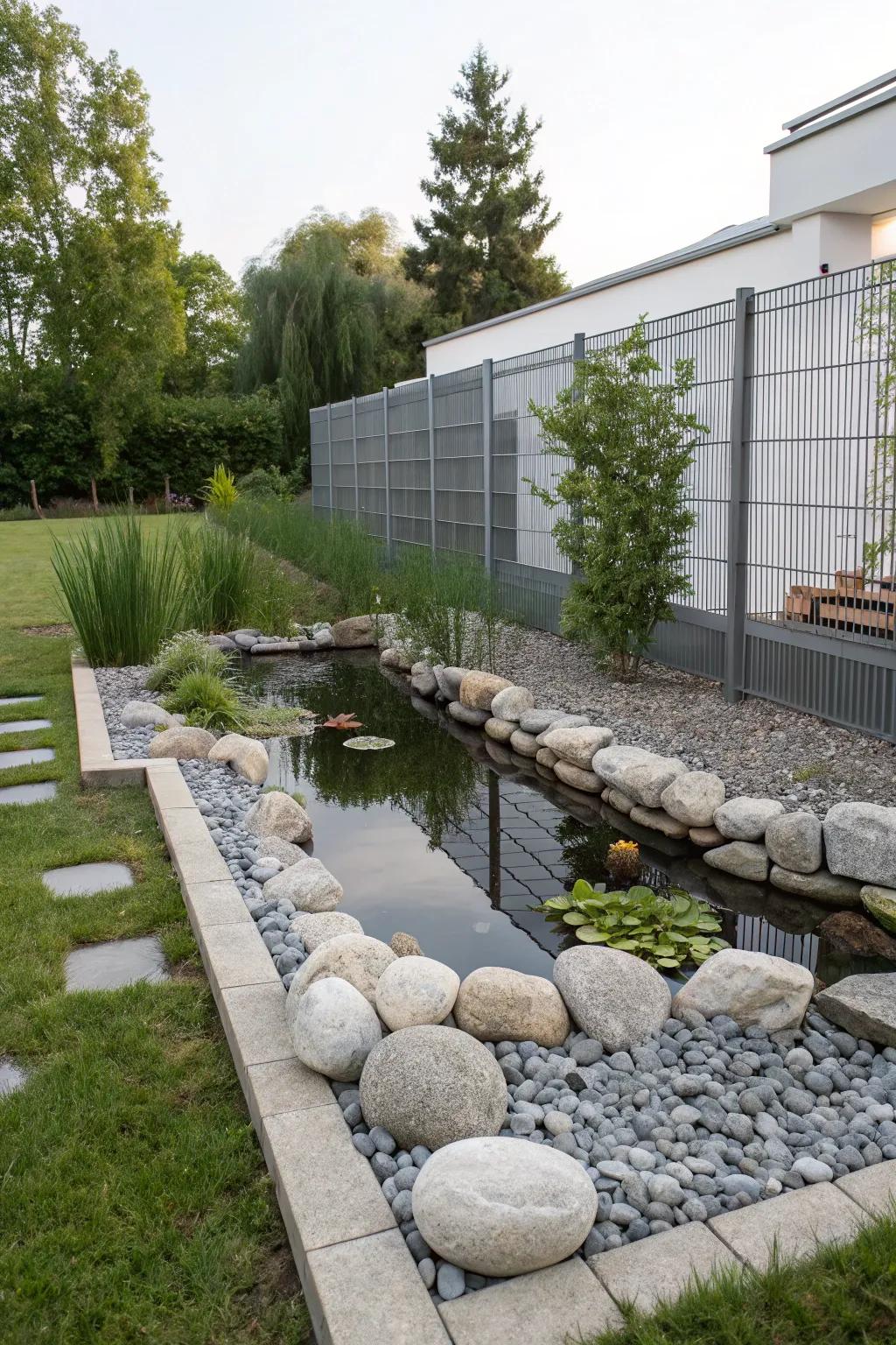 Gabion walls add an industrial edge to your pond setting.