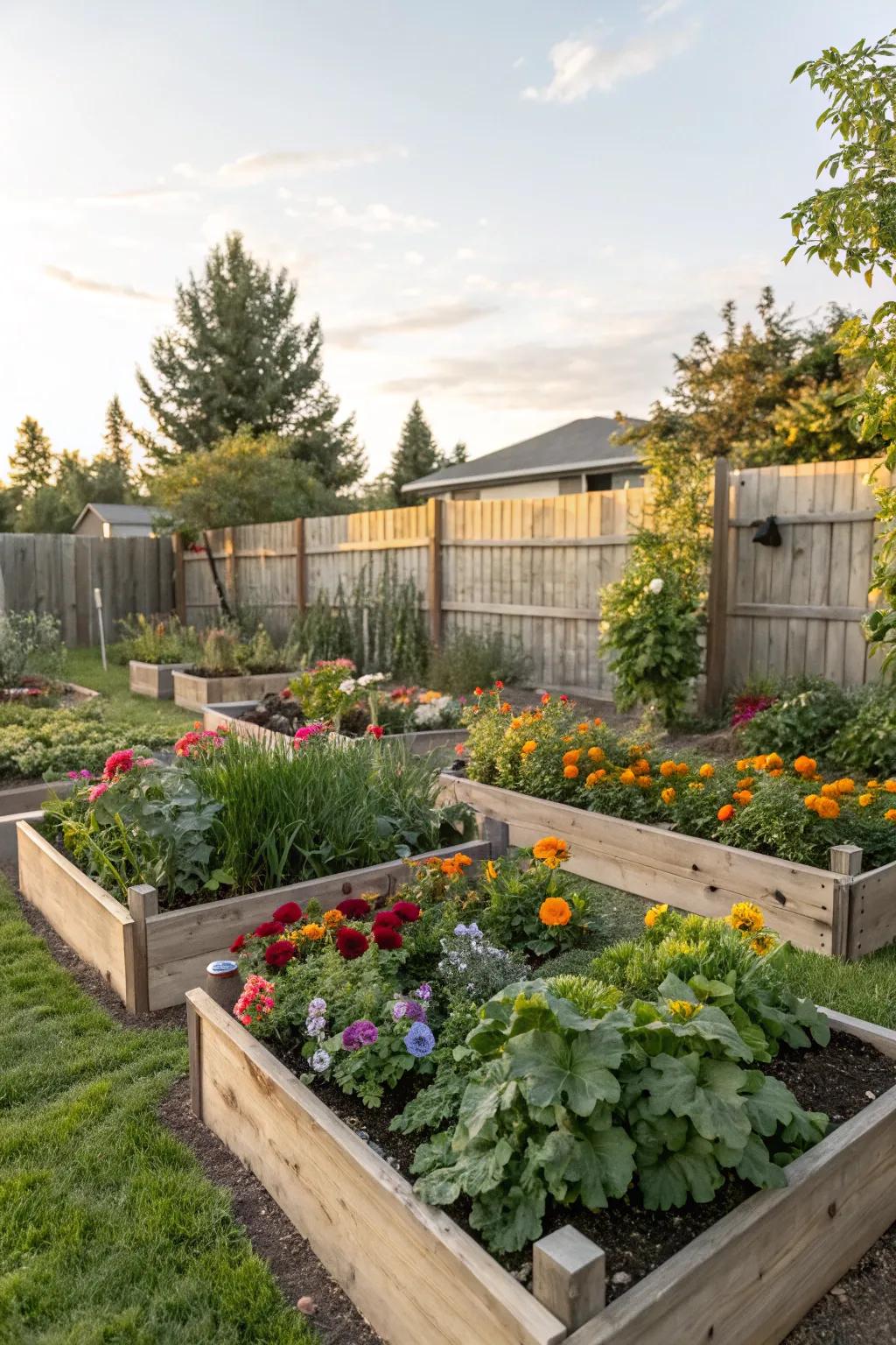 Raised garden beds add dimension and protect plants from curious paws.