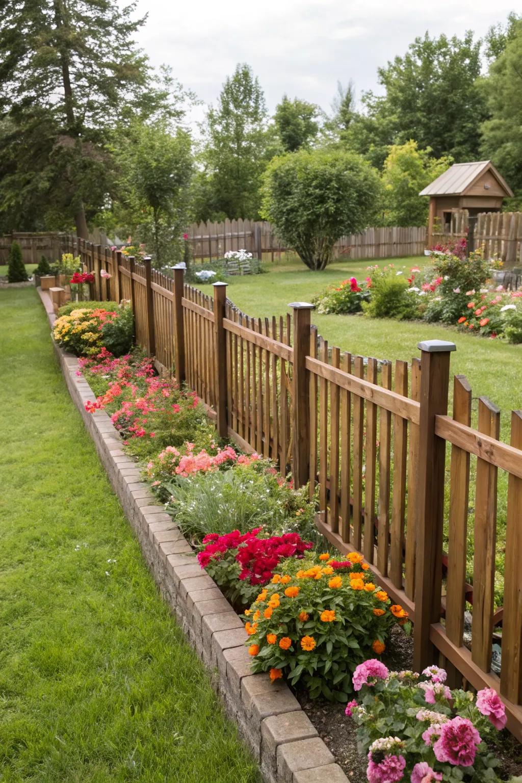 A decorative wooden fence keeps the garden safe from playful dogs.