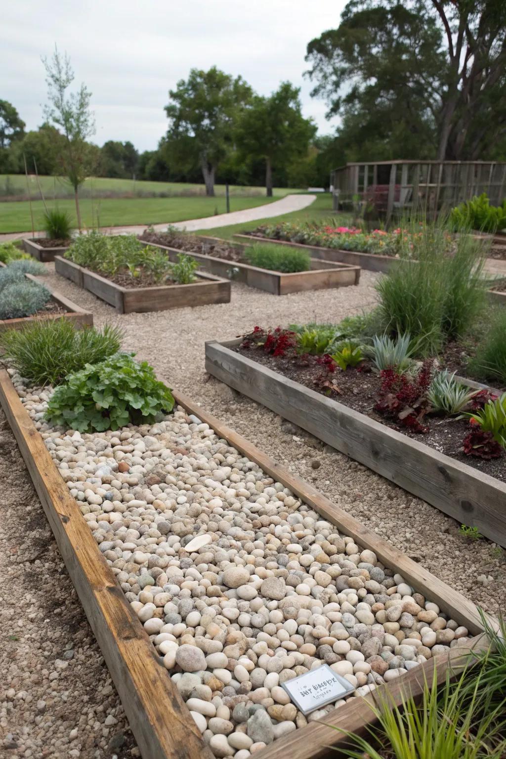 Pebbles provide a dog-resistant mulch while keeping the garden hydrated.