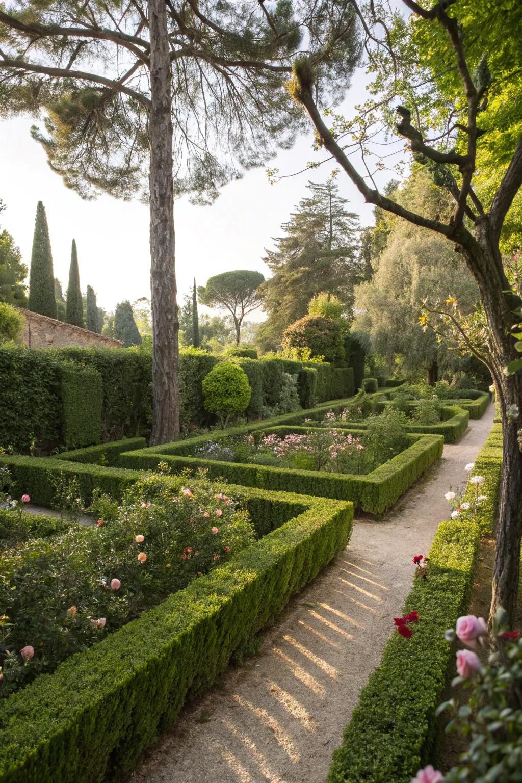 Dense shrubs and hedges serve as both barriers and beautiful backdrops.