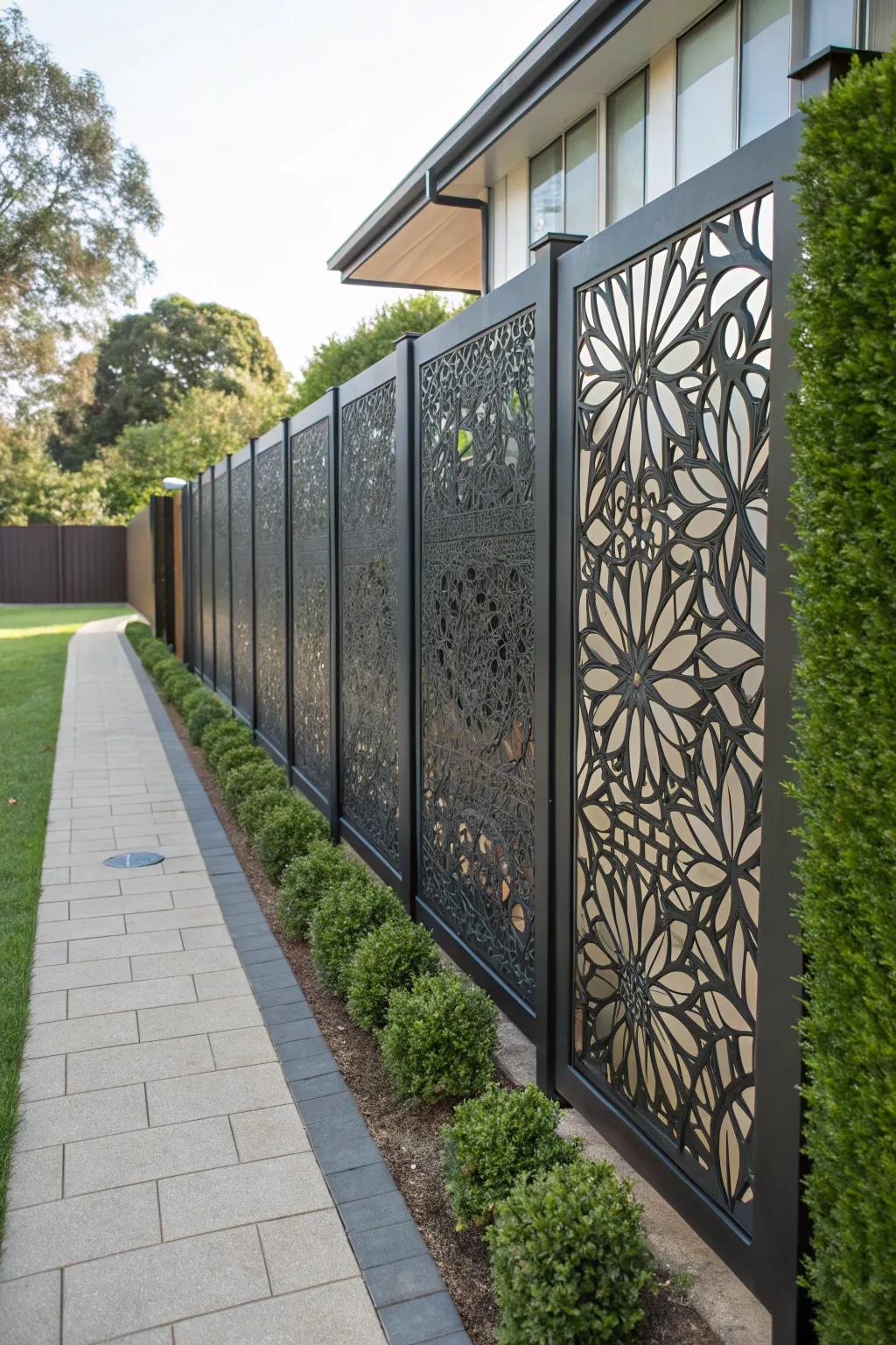Laser-cut metal panels offer artistic and secure fencing solutions.