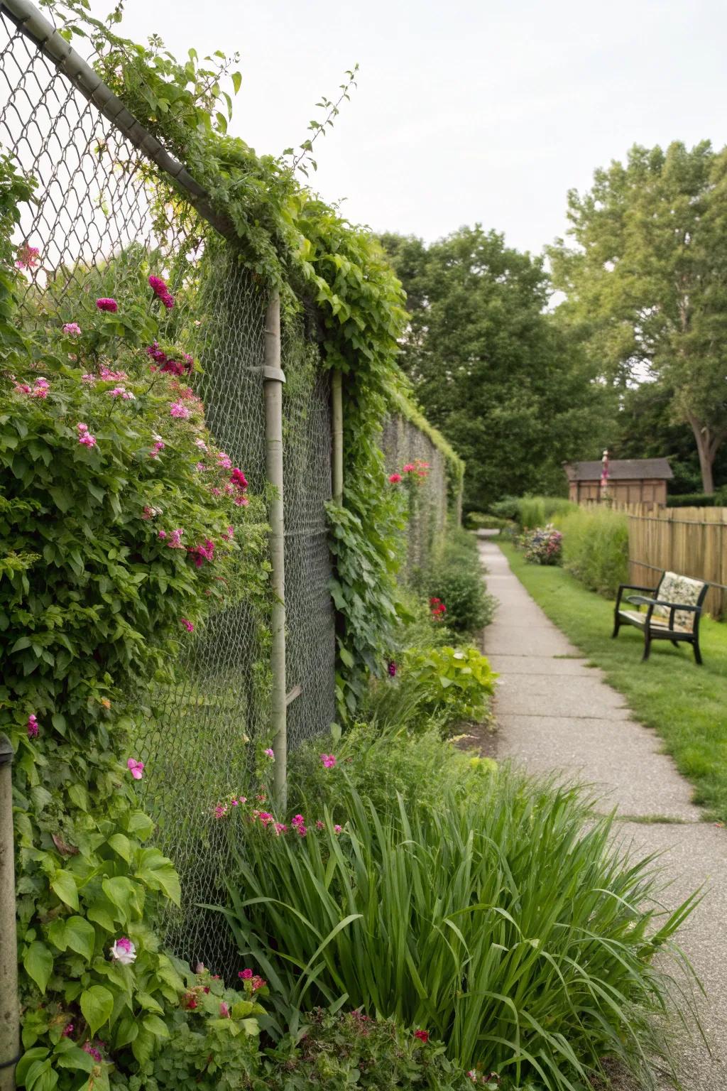 Transform a simple chain link fence with greenery and privacy slats.