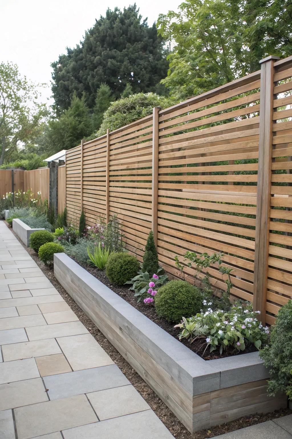 Horizontal slat fences offer privacy with a modern, airy design.