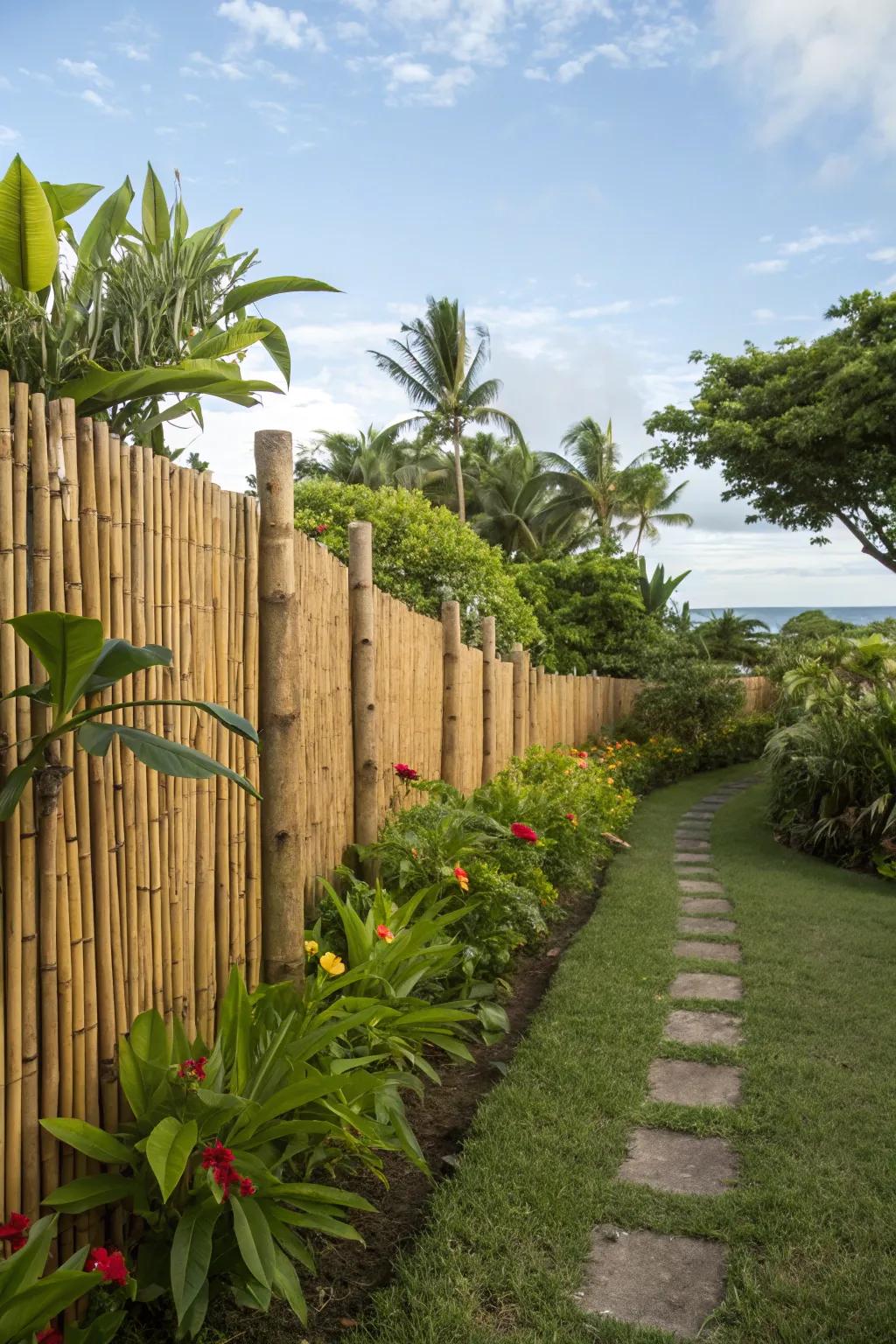 Bamboo fences provide eco-friendly privacy with a tropical flair.
