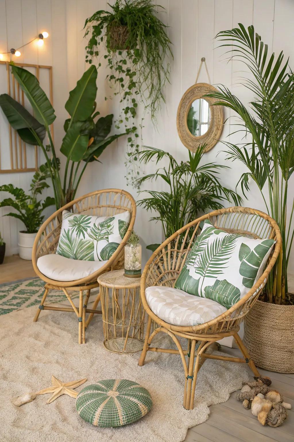 Tropical paradise with rattan chairs and lush accents.