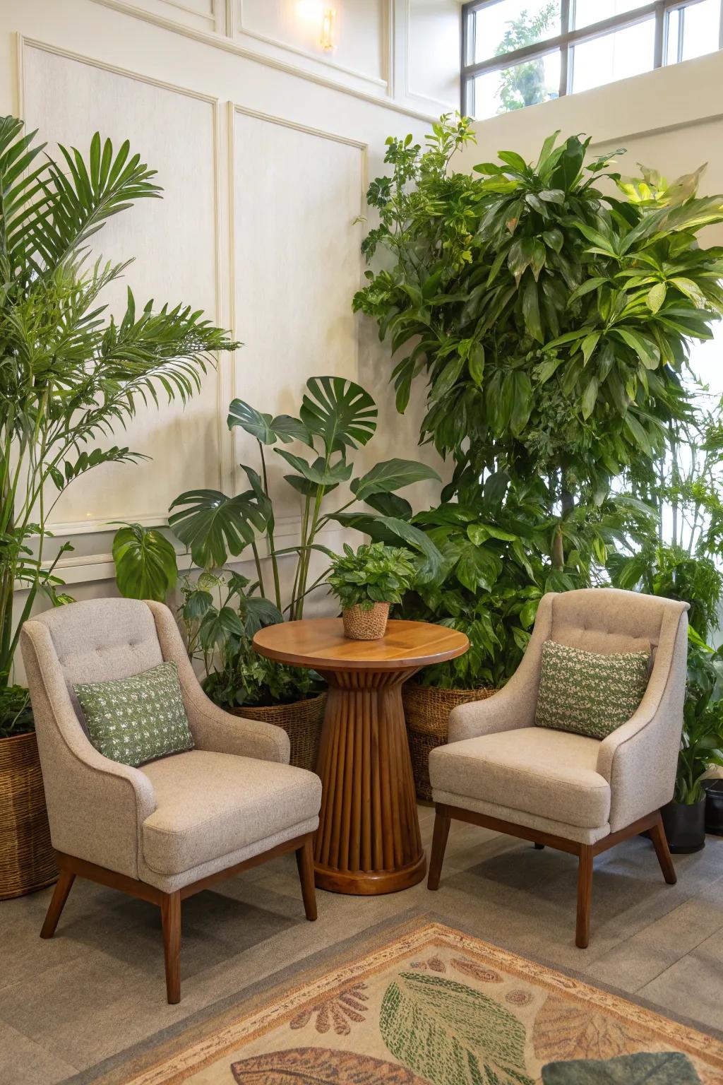 Garden oasis with chairs enveloped by greenery.