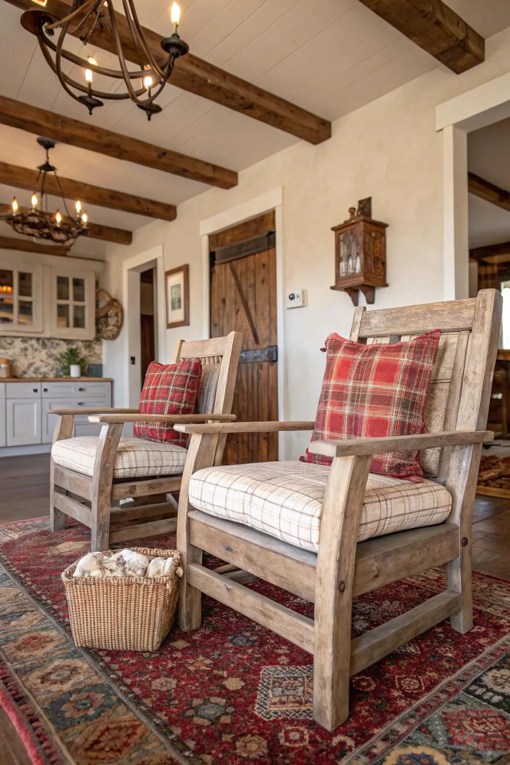 Farmhouse comfort with distressed wood and cozy accents.
