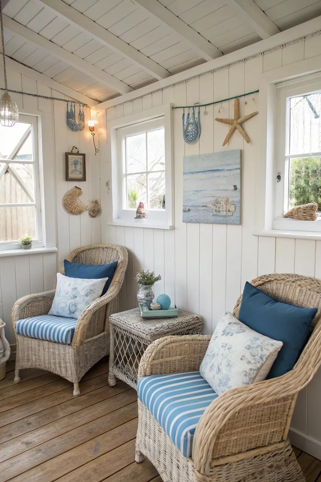 Coastal cool with wicker chairs and sea-inspired accents.