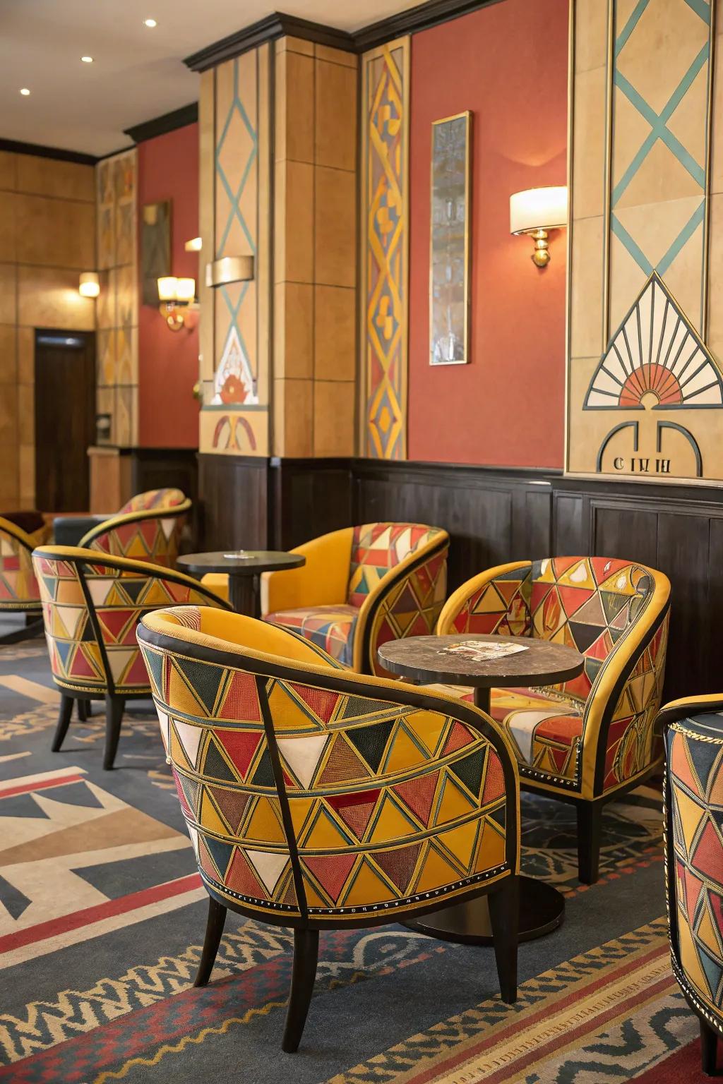 Art Deco delight with geometric patterns and vibrant hues.
