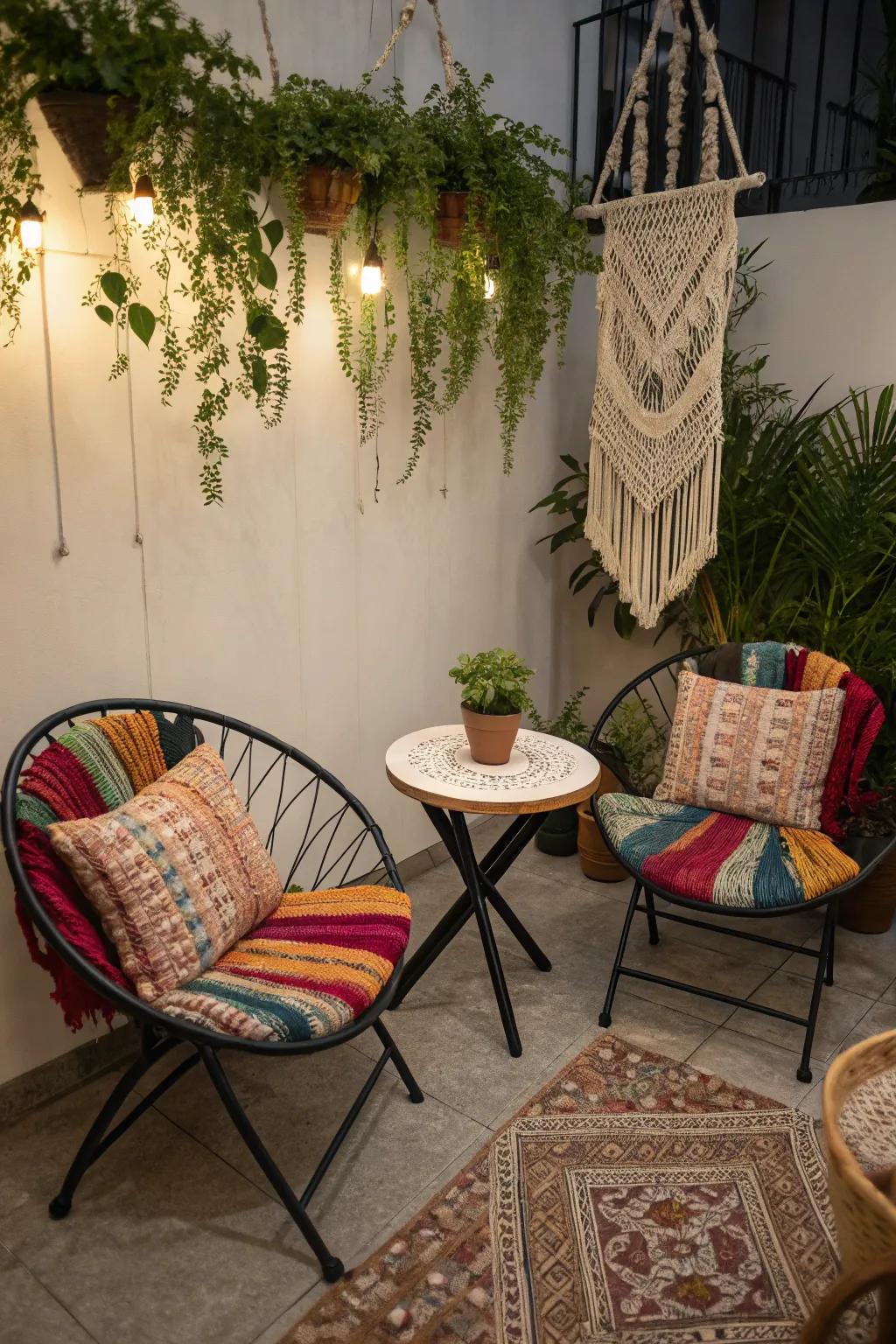 Boho bliss with comfy cushions and greenery.