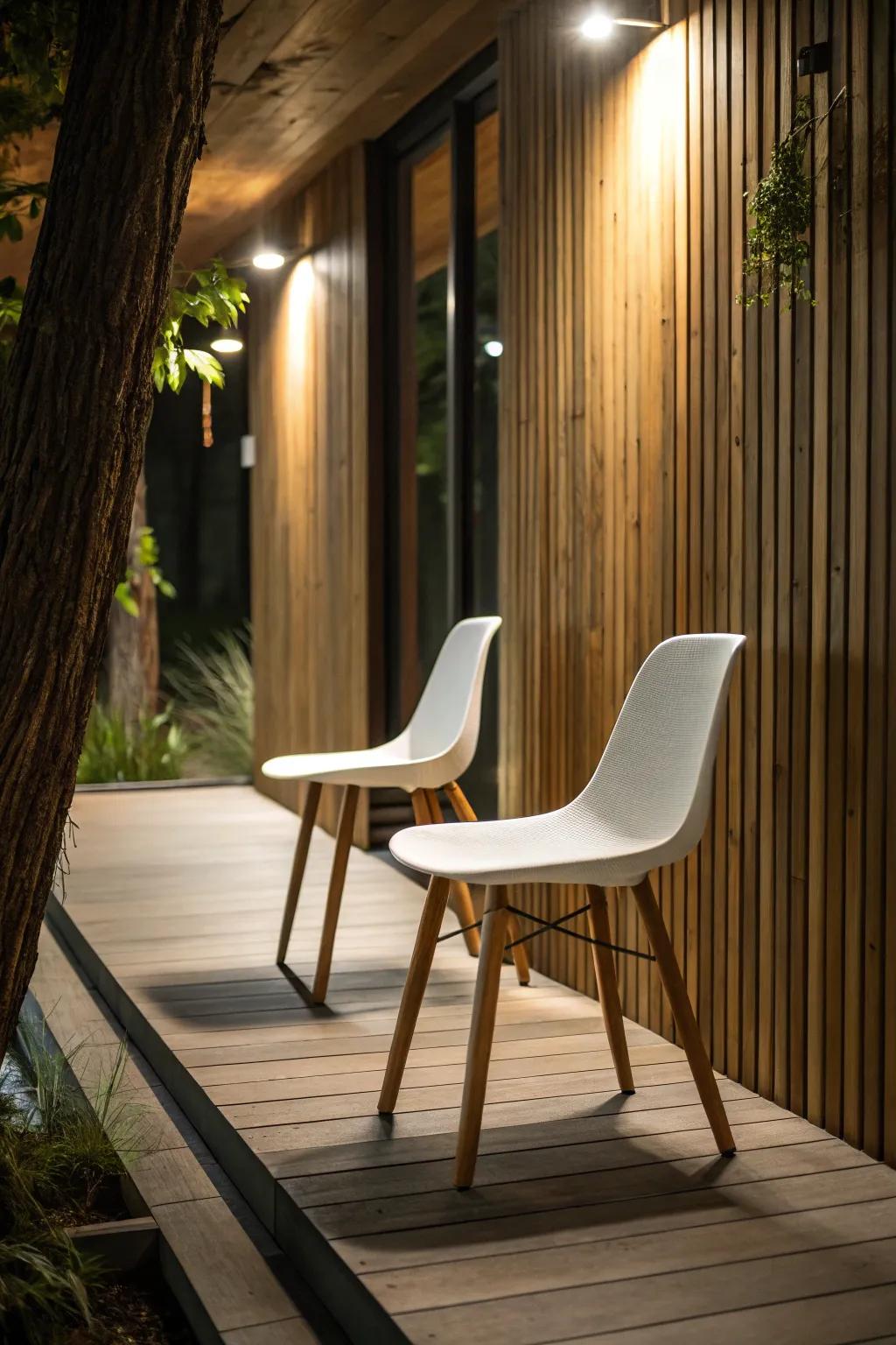 Minimalist Zen with simple chairs and calming decor.