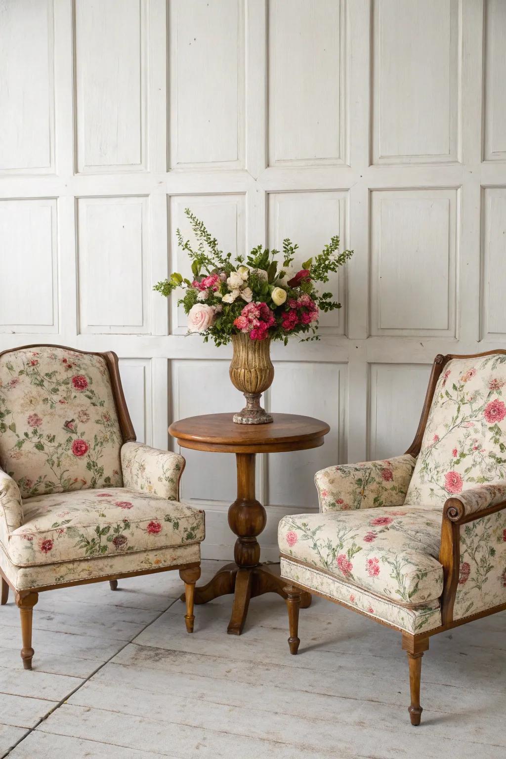 Vintage charm with floral armchairs and a quaint side table.